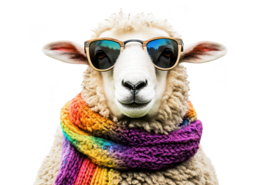 A stylish sheep wearing sunglasses and a colorful rainbow scarf poses against a plain white background. a playful and fun character. perfect for whimsical and creative stock photography