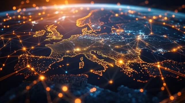glowing digital map of europe on a curved earth with bright orange and blue network nodes, connecting lines and city lights conveying a futuristic sense of global connectivity - Powered by Adobe