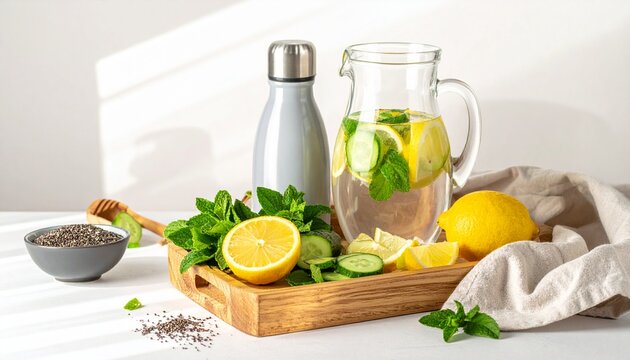 A refreshing homemade detox water with lemon, cucumber, and mint in a glass pitcher, promoting a healthy lifestyle concept in a bright, sunlit setting