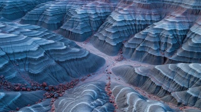 Surreal panoramic landscape of blue layered rock formations in the desert. Abstract aerial view of eroded bentonite hills with intricate patterns and natural textures