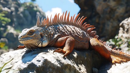 Close-up of a large iguana with orange spines resting on a rock in a natural environment.