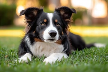 Fototapeta premium Tricolor border collie lying on green grass with an alert, calm and curious expression and warm golden bokeh background