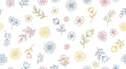 Seamless color doodle pattern, floral style, isolated on white background, playful hand-drawn flowers and leaves, colorful pastel palette