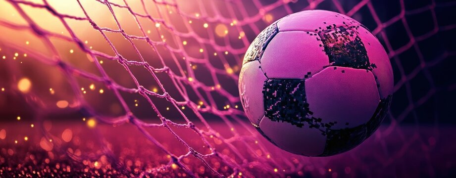 soccer ball hitting net with pixelated panels and glowing purple orange bokeh, dynamic close-up conveying triumphant energy and celebration