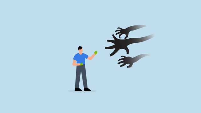 Overcome fear challenge difficulty - Overcome fear challenge difficulty, 4k animation businessman with boxing glove fighting fear horror hands.