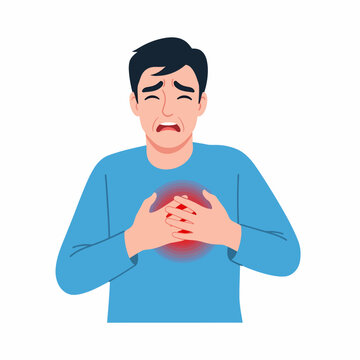 Man experiencing severe chest pain. Heart attack symptoms or acute cardiac discomfort due to health emergency.