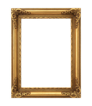 Ornate golden picture frame isolated on a transparent background