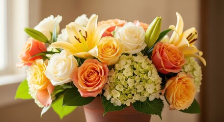 Obraz premium Vibrant bouquet featuring roses, lilies, and hydrangeas arranged in a container indoors