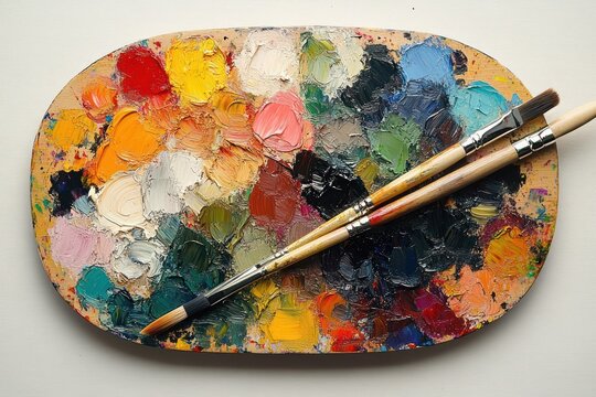 Oval wooden artist palette covered in thick colorful oil paint dabs with three paintbrushes resting on top, a vibrant textured scene evoking creative energy - Powered by Adobe