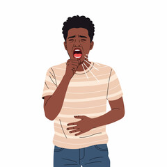 Vector Illustration of Young Black Man Coughing. Male Person Suffering from Illness, Flu, Cold, or Sore Throat Symptoms.