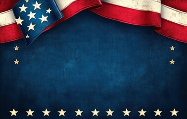 Vintage patriotic background with red and white striped ribbon, blue star field and scattered white and gold stars on textured navy backdrop evoking celebratory pride