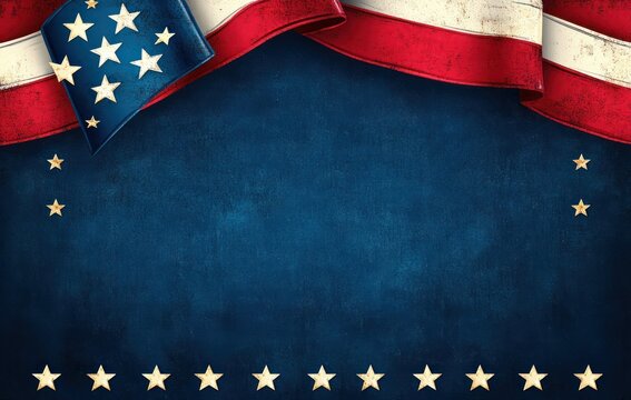 Vintage patriotic background with red and white striped ribbon, blue star field and scattered white and gold stars on textured navy backdrop evoking celebratory pride