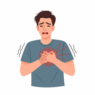 Illustration of a young man having severe chest pain, clutching his heart due to heart attack, angina, or panic attack on white background.