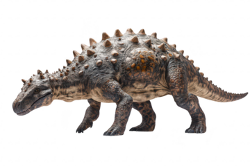 A detailed. realistic model of an armored dinosaur walking across a plain white background. its spiked back and strong limbs. ideal for educational and creative projects