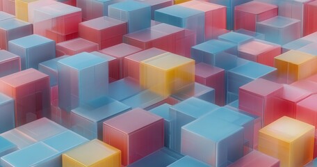 Naklejka premium translucent pastel 3d cubes arranged in a glossy grid of glass-like blocks with soft glow and subtle blur, a serene and dreamy futuristic abstract composition