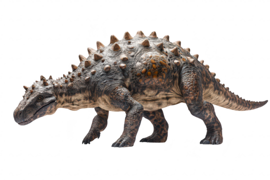 A detailed. realistic model of an armored dinosaur walking across a plain white background. its spiked back and strong limbs. ideal for educational and creative projects