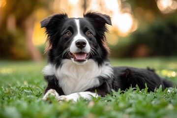 Fototapeta premium joyful black and white border collie lying on green grass with a relaxed smiling expression in golden hour light