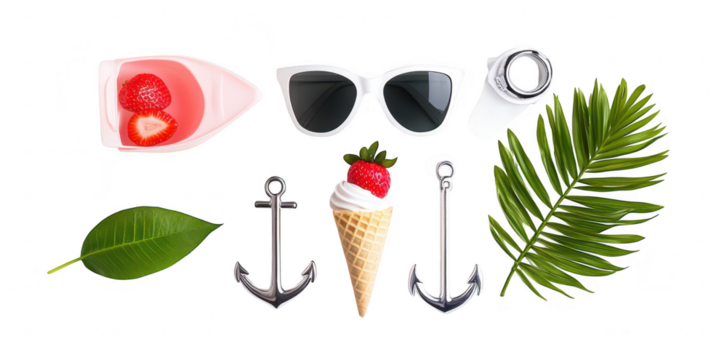 A summer flat lay featuring sunglasses. a refreshing drink with strawberries. an ice cream cone topped with a strawberry. decorative anchors. and tropical leaves. perfect for travel or leisure themes