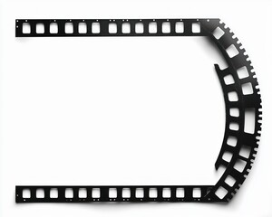 black perforated film strip segments forming a curved corner frame on a clean white background, minimalist nostalgic cinematic mood