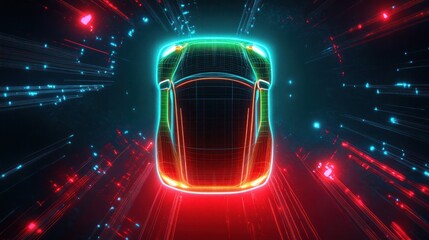 Top-down neon wireframe sports car with glowing red and teal light trails and digital particles, futuristic high-speed motion conveying excitement and exhilaration