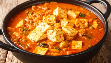 A close-up shot of a flavorful Indian paneer curry dish served in a black pot.