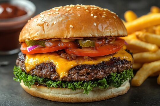 Mouthwatering cheeseburger with melted cheddar, juicy grilled beef patty, leafy lettuce, tomato, pickles and red onion on a sesame bun served with crispy french fries and ketchup - Powered by Adobe