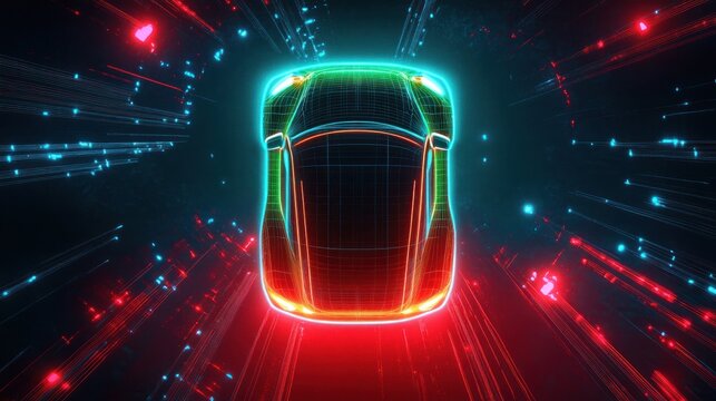 Top-down neon wireframe sports car with glowing red and teal light trails and digital particles, futuristic high-speed motion conveying excitement and exhilaration
