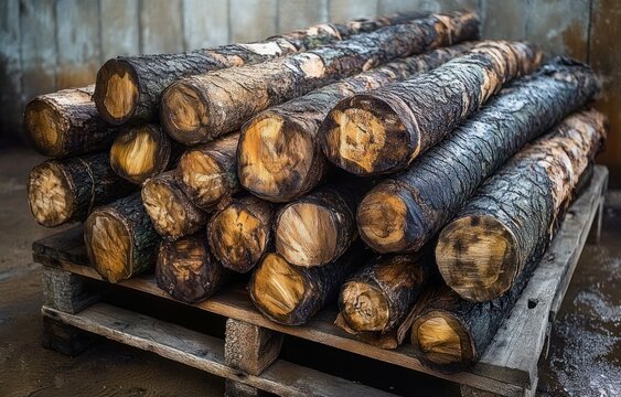 stack of freshly cut tree logs with bark on a wooden pallet in a damp rustic storage area, earthy rugged industrious mood - Powered by Adobe