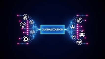 Globalization, business innovation, and international market growth. Optimization of business and production processes. Virtual network connecting service with graphical icons in various. - Powered by Adobe