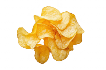 A close-up view of a pile of golden. crispy potato chips arranged artistically on a clean. white background. ideal for food-related content. advertisements. or culinary blogs