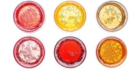 A array of six colorful drinks in circular glasses. various shades and bubbles. set against a clean white background. ideal for beverage advertisements or menus