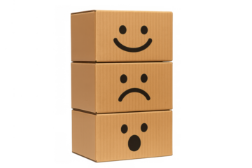 Stacked cardboard boxes showing different emoticons for customer experience and sentiment feedback on transparent background