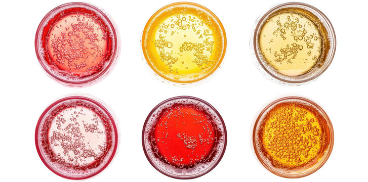 A array of six colorful drinks in circular glasses. various shades and bubbles. set against a clean white background. ideal for beverage advertisements or menus