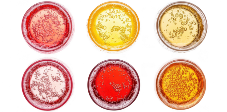 A array of six colorful drinks in circular glasses. various shades and bubbles. set against a clean white background. ideal for beverage advertisements or menus