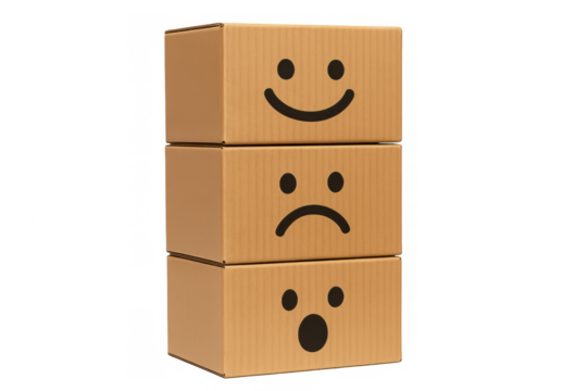 Stacked cardboard boxes showing different emoticons for customer experience and sentiment feedback on transparent background