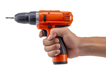 Human hand holding vibrant orange cordless electric power drill isolated on transparent background