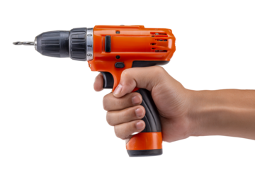 Human hand holding vibrant orange cordless electric power drill isolated on transparent background
