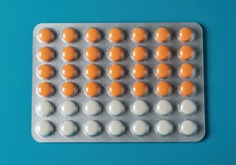 Birth Control Pills Arrangement, combined oral contraceptive blister pack, 28 pills neatly aligned in four rows, 6mm diameter, minimalist studio style
