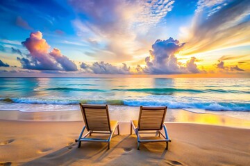 Wooden lounge chairs on a sandy beach at sunset, tranquil ocean waves, a relaxing tropical vacation scene, and a peaceful seaside holiday background for travel, resort, and summer lifestyle concepts.