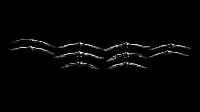 Birds flying in formation against a black background.