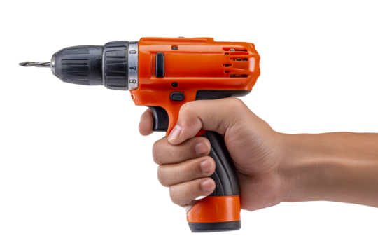 Human hand holding vibrant orange cordless electric power drill isolated on transparent background