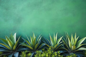 spiky agave succulents and low green shrubs lined against a textured teal wall, tranquil fresh minimalist garden scene