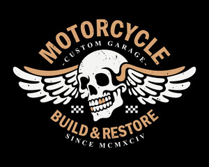 Winged Skull Motorcycle Emblem. Vintage vector graphic perfect for custom garage logos, biker patches, and motorcycle club apparel