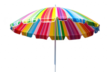 A vibrant. colorful beach umbrella featuring alternating stripes of bright colors. set against a clean white background. ideal for summer-themed designs and vacation imagery
