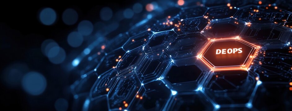 glowing hexagonal network sphere with illuminated blue and orange nodes and a central hexagon labeled deops, futuristic interconnected mood - Powered by Adobe