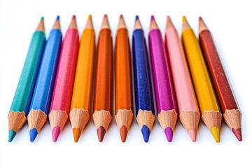 Fototapeta premium row of sharpened colored pencils in vibrant hues on white background, close-up evoking creativity and playful energy