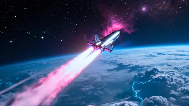 Space shuttle flying in orbit above earth with pink engine trail