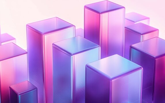 translucent glass-like pastel gradient rectangular towers resembling an abstract city skyline, glowing soft purple and pink with a dreamy futuristic atmosphere