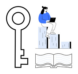 Key next to woman with laptop sitting on bar chart, open book below. Ideal for education, learning, research, personal growth, online courses, data analysis opportunities. A simple flat metaphor