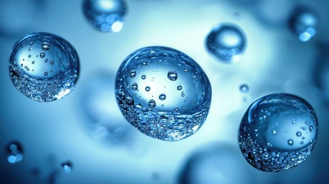 floating translucent blue water droplets with internal tiny air bubbles against a soft glowing background, evoking calm and wonder